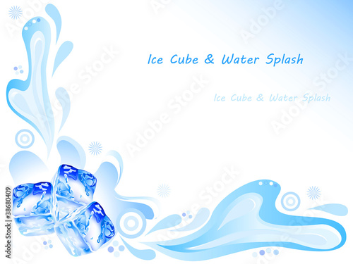 Illustration: Ice cube and water splash on blue background Ice cube and water splash on blue background