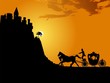 Silhouette of a horse-drawn carriage and a medieval castle. Silhouette of a horse-drawn carriage and a medieval castle.