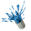 Blue paint splashing out of can. 3D render