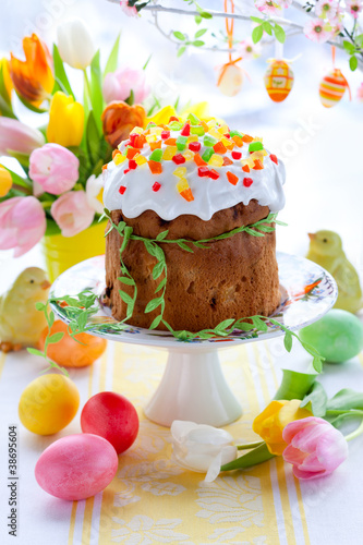 Photo: Easter cake and colourful eggs Easter cake and colourful eggs