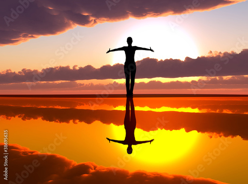 Illustration: Woman welcoming the sunrise, praising the day Woman welcoming the sunrise, praising the day