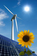 Solarmodule, Windkraftrad und Sonnenblume vor sonnigem Himmel