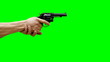 Male hands on green background shoot from gun