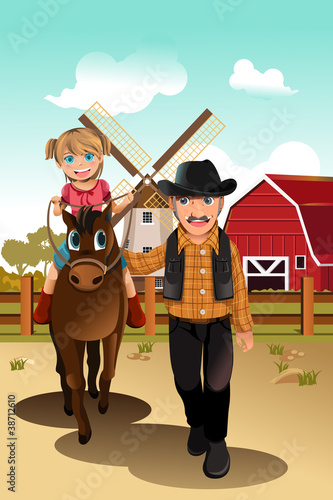 Vector: Girl riding horse with grandfather Girl riding horse with grandfather