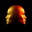 Two-faced head statue, red and gold