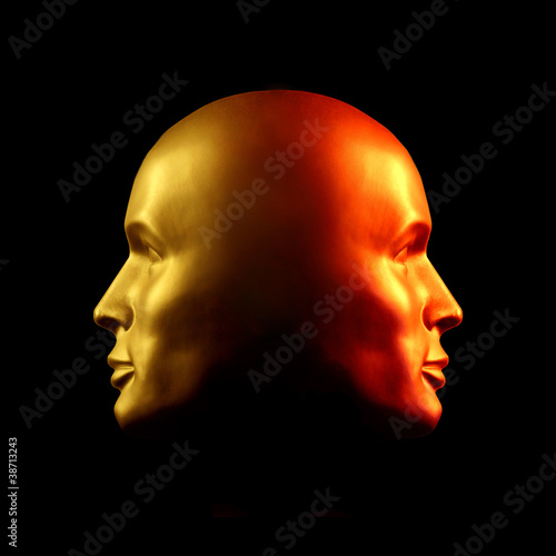 Illustration: Two-faced head statue, red and gold Two-faced head statue, red and gold