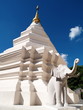 white stupa which has elephant in front of.