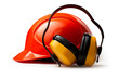 Red safety helmet with earphones Red safety helmet with earphones