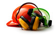 Red safety helmet with earphones and goggles