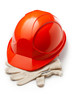 Red safety helmet with gloves Red safety helmet with gloves