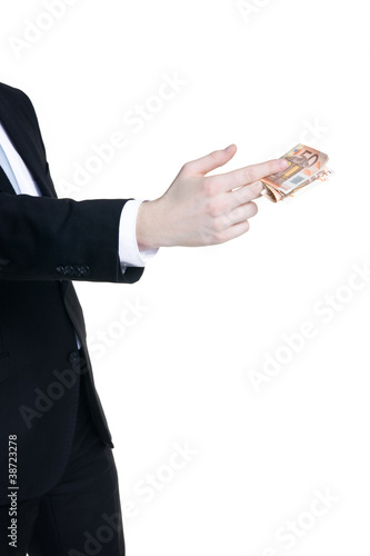 Photo: man wearing suit giving money on white background man wearing suit giving money on white background
