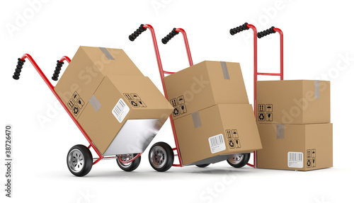 Illustration: Hand trucks and carboard boxes. 3D model isolated on white backg Hand trucks and carboard boxes. 3D model isolated on white backg