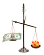 pharmacist scales with money and piggybank