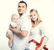 Happy family with gift box over white background