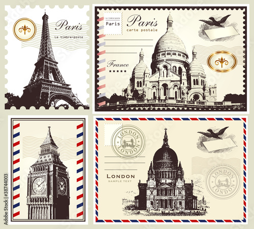 Vector: Vector symbols and landmarks of Paris and London Vector symbols and landmarks of Paris and London