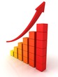 Illustration: Growing red orange bar chart graph and rising arrow Growing red orange bar chart graph and rising arrow