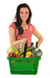 Young woman with shopping basket isolated on white
