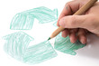 Photo: Male hand drawing recycle sign on white background. Male hand drawing recycle sign on white background.