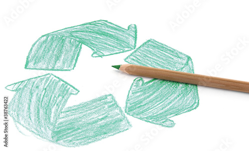Photo: Recycle sign drawing on white background. Recycle sign drawing on white background.