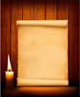 Background with old paper and candle. Vector illustration