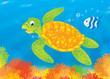 Turtle and fish swim over a coral reef