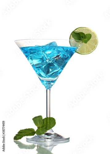 Photo: Blue cocktail in martini glasses with ice isolated on white Blue cocktail in martini glasses with ice isolated on white