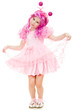A girl with pink hair in a pink dress dancing