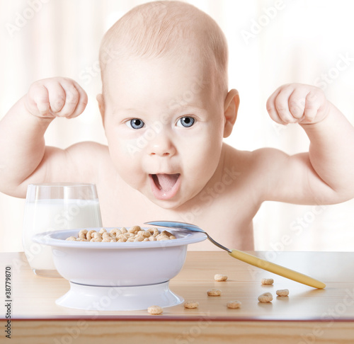 Baby Cereal on Photo  Happy Baby Meal  Cereal And Milk  Concept  Healthy Food Makes