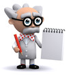 3d Mad Scientist with notepad and pencil