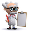 3d Mad Scientist with clipboard and pencil
