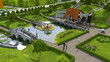 Recreation area with a pond and a bridge.