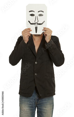 Foto: Man with the painted Guy Fawkes mask Man with the painted Guy Fawkes mask