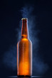 Cold beer bottle with drops, frost and vapour on black