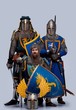 Three medieval knights isolated on grey background.