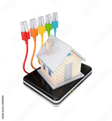 Foto: Small house, router and colorful patchcords Small house, router and colorful patchcords