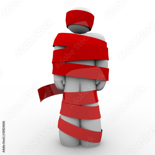Illustration: Man Wrapped in Red Tape Hostage or Paralyzed No Movement Man Wrapped in Red Tape Hostage or Paralyzed No Movement