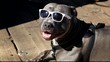 Big gray dog with glasses in white frame