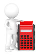 Calculate. 3d little human character with a Red Calculator.