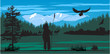 Vektor: American Indian on the pine wood and snow mountains background American Indian on the pine wood and snow mountains background