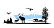 Woods animals on the pine wood and snow mountains background