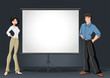 Cartoon business couple and white billboard with empty space