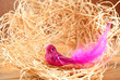 bird in straw nest with pink feathers and glitter