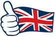 United Kingdom flag. Hand showing thumbs up.