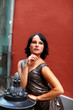 Pensive attractive brunette in Old Riga