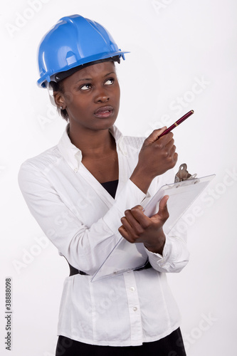 Photo: Young South African woman wearing a hard-hat Young South African woman wearing a hard-hat