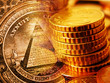 One dollar detail pyramid and gold coins.