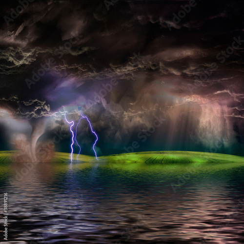 Illustration: Flooded stormy landscape Flooded stormy landscape