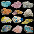 Many rocks and minerals isolated on black. Collage.