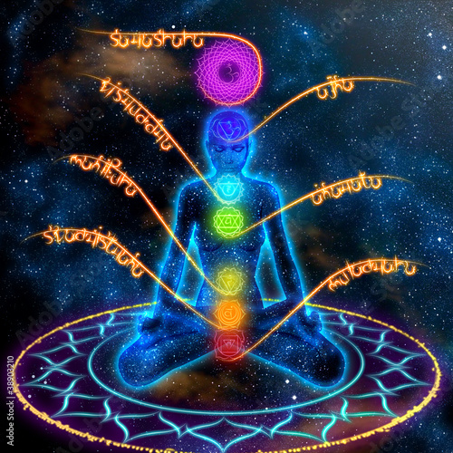 Illustration: System of human chakras on abstract space background System of human chakras on abstract space background
