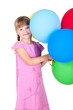 smiling girl holding balloons branch isolated on white backgroun